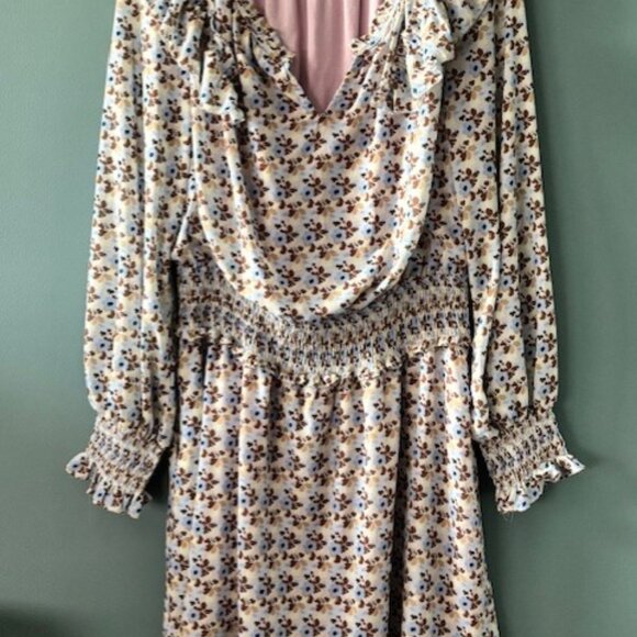 Kori Dress L Blue Brown Floral Puff Sleeve Smocked Cottagecore Boho Prairie - Picture 3 of 10